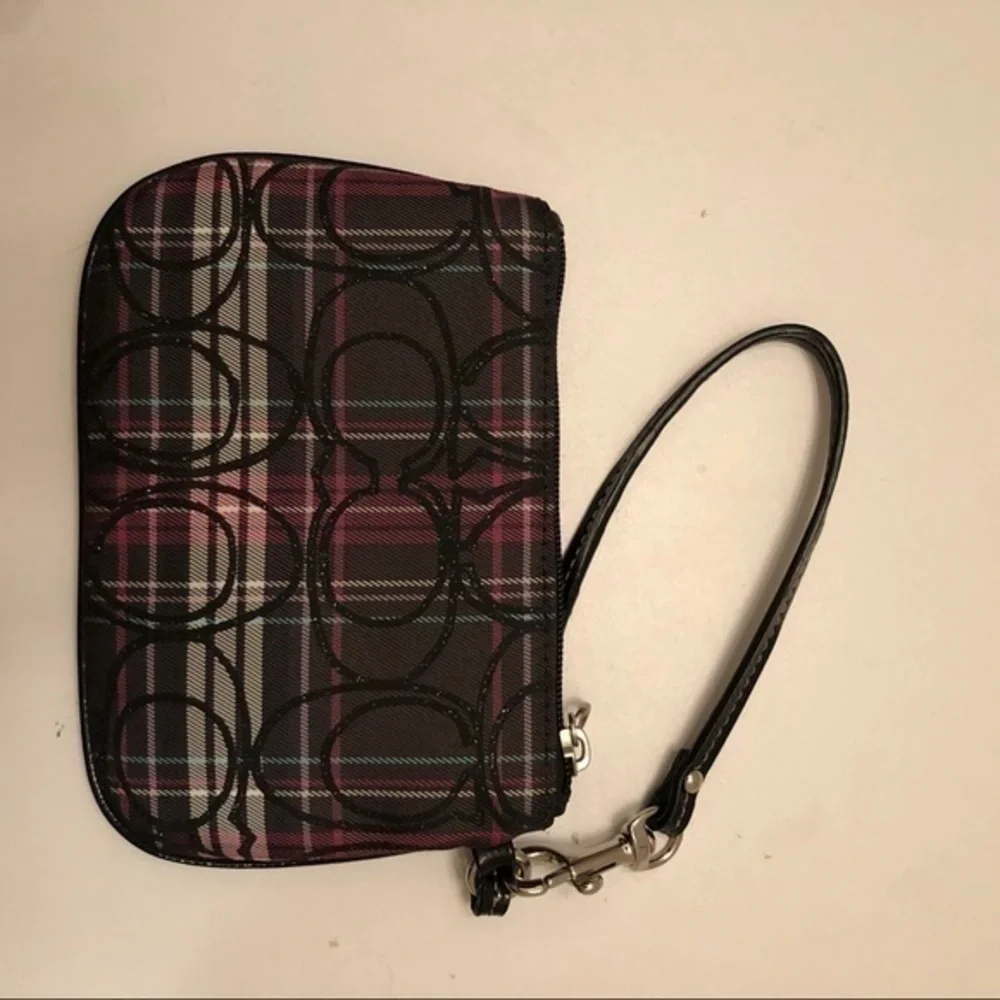 Coach pink black plaid wristlet